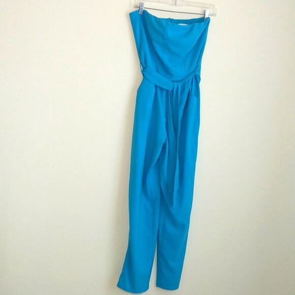 Monteau Los Angeles Strapless Jumpsuit Women's Sz M Blue Belted Pockets Back Zip - Picture 15 of 15